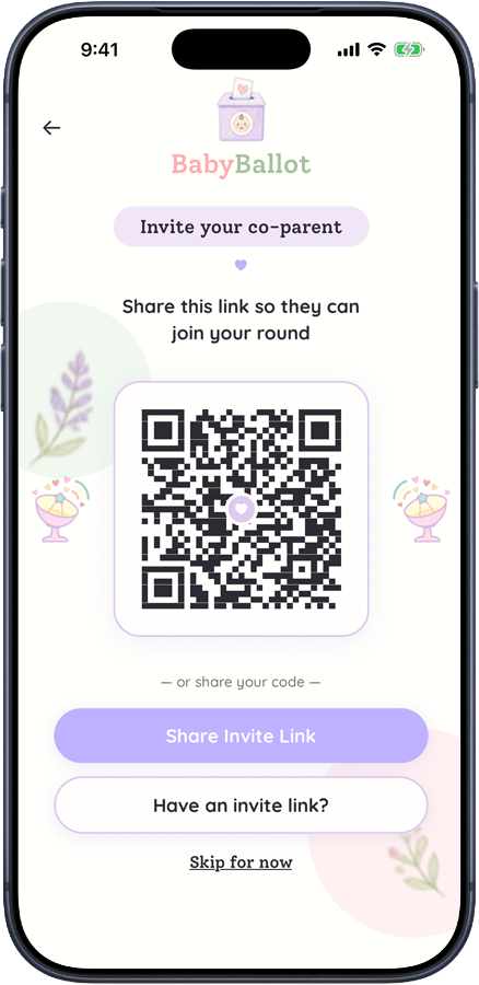 The invite screen with a QR code