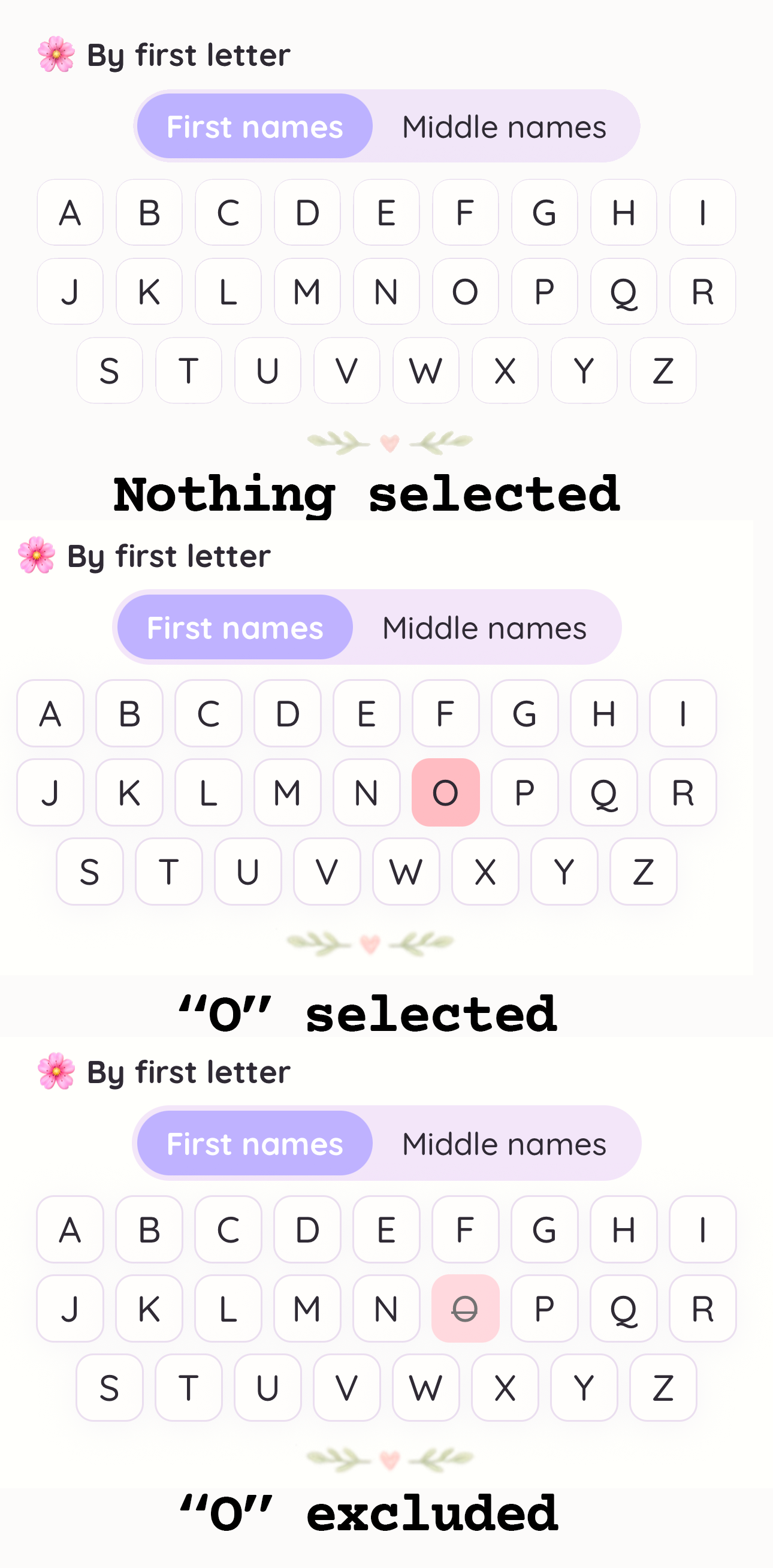 The letter grid showing all three tap states