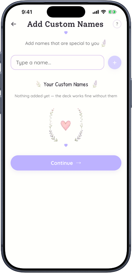 The Add Custom Names screen