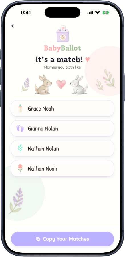 The BabyBallot match screen, showing the full names both co-parents liked
